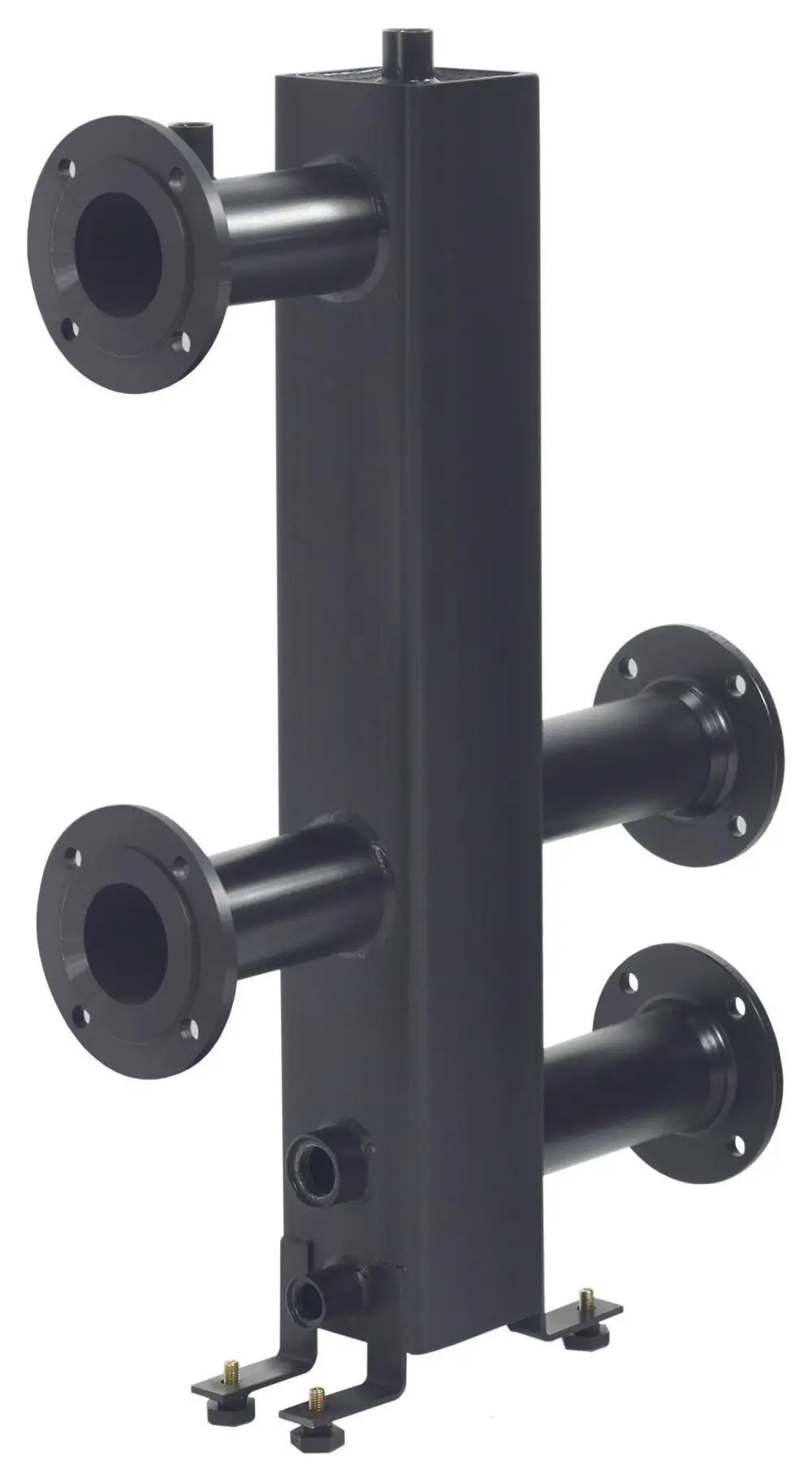 Vaillant Hydraulikbalken mit mehreren Anschlüssen, schwarzer Farbgebung und platzsparendem Design, geeignet für hydraulische Systeme in Heizungsanwendungen.